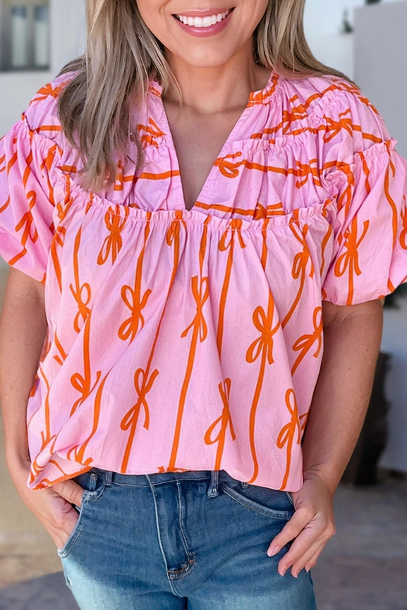 Bowknot Print Shirred V Neck Summer Blouse