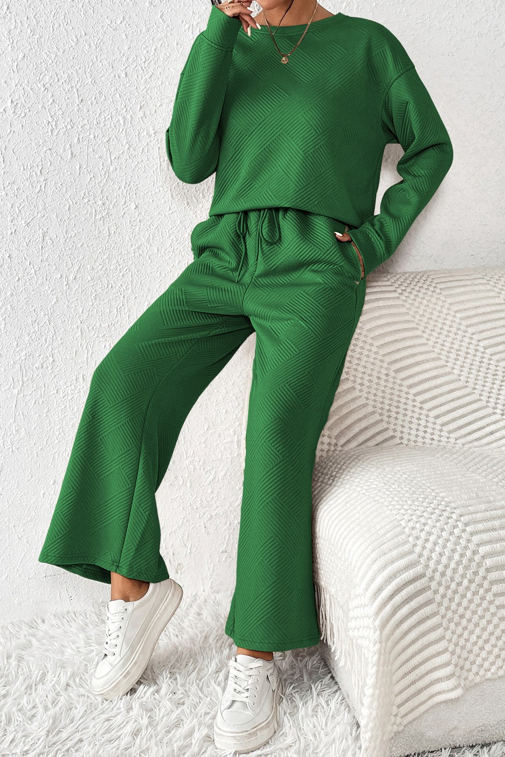 Loose Textured Long Sleeve 2pcs Slouchy Outfit