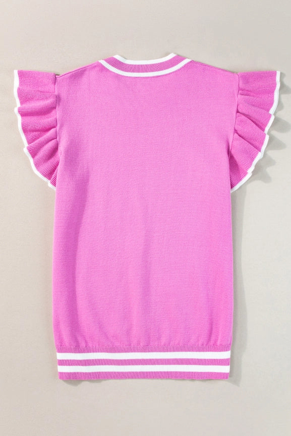 Ruffled Sleeve Round Neck Knit Top