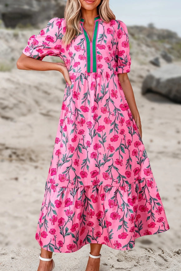 Floral Print V Neck Shift Long Dress
