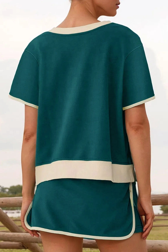 Colorblock Edge Drop Shoulder T Shirt and Skirt 2Pcs Set
