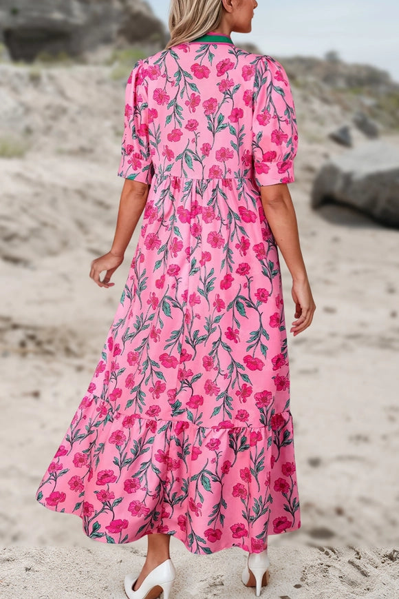 Floral Print V Neck Shift Long Dress