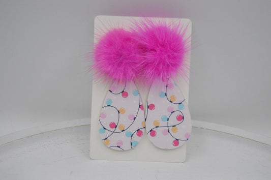 Christmas Lights, Teardrop Acrylic Earrings, Hot Pink Pom