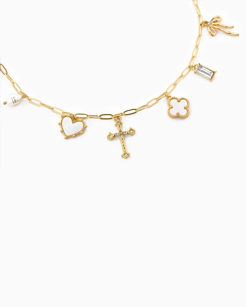 Mop Clover Multi Gold Charm Necklace