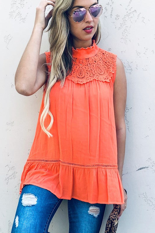 Lace Trim sleeveless tunic top-Coral