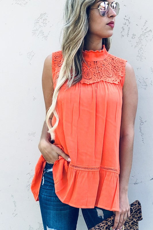Lace Trim sleeveless tunic top-Coral