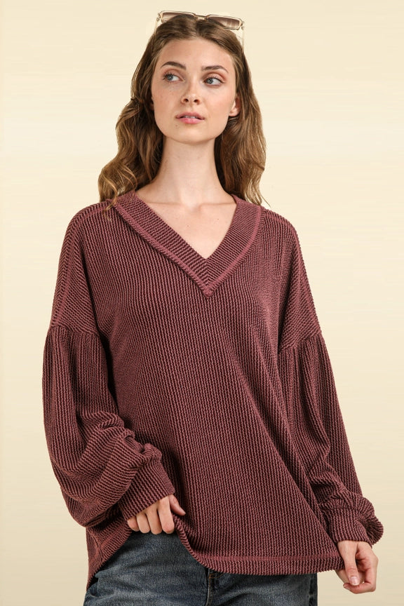 Ribbed V-Neck Oversized Knit Top