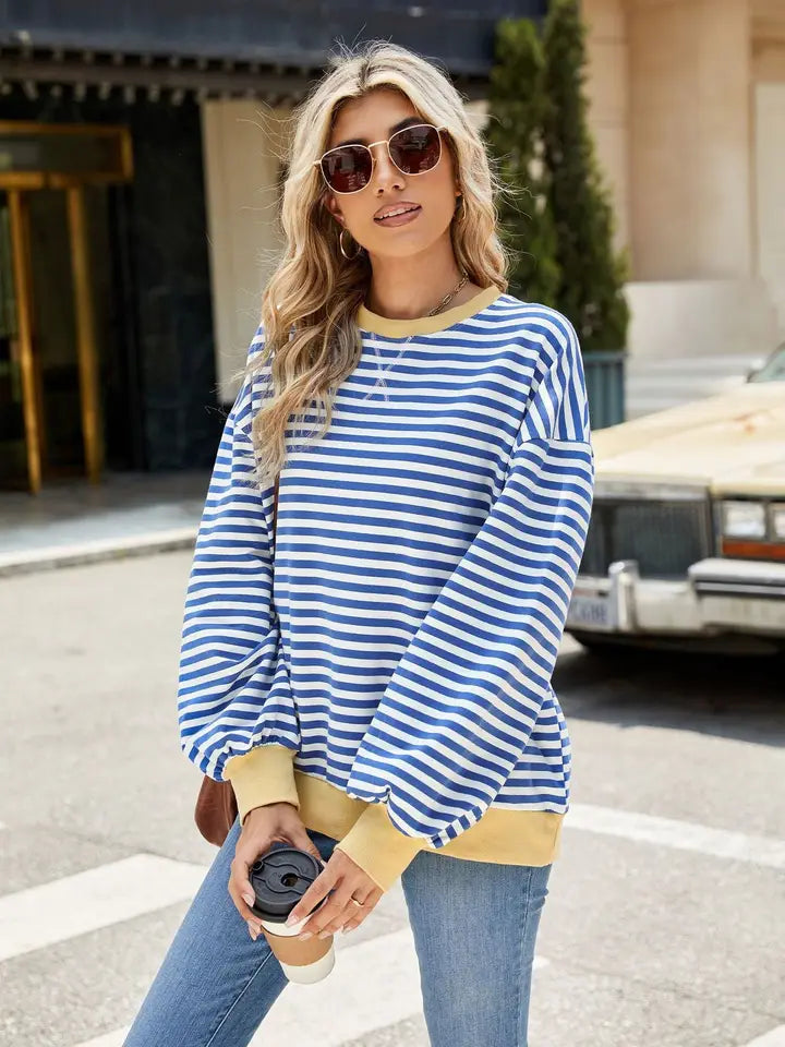 Striped Crew Neck Contrast Color Loose Long Sleeve Sweater