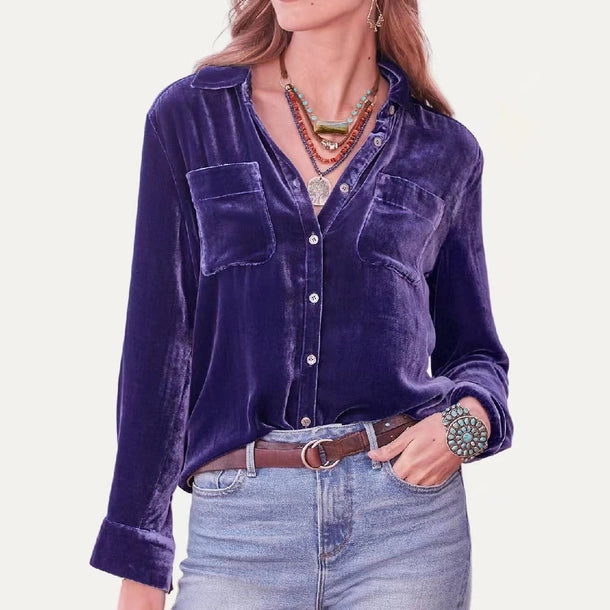 Solid Velvet Collared Button Down Long Sleeve Top