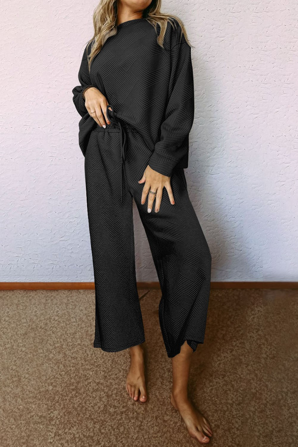 Loose Textured Long Sleeve 2pcs Slouchy Outfit