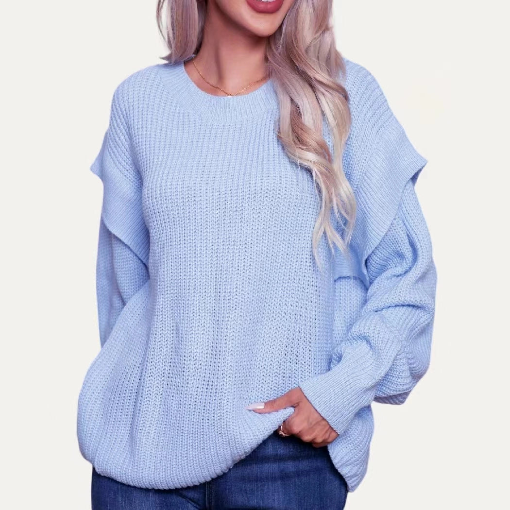 Classic Solid Round Neck Drop Shoulder Long Sleeve Sweater