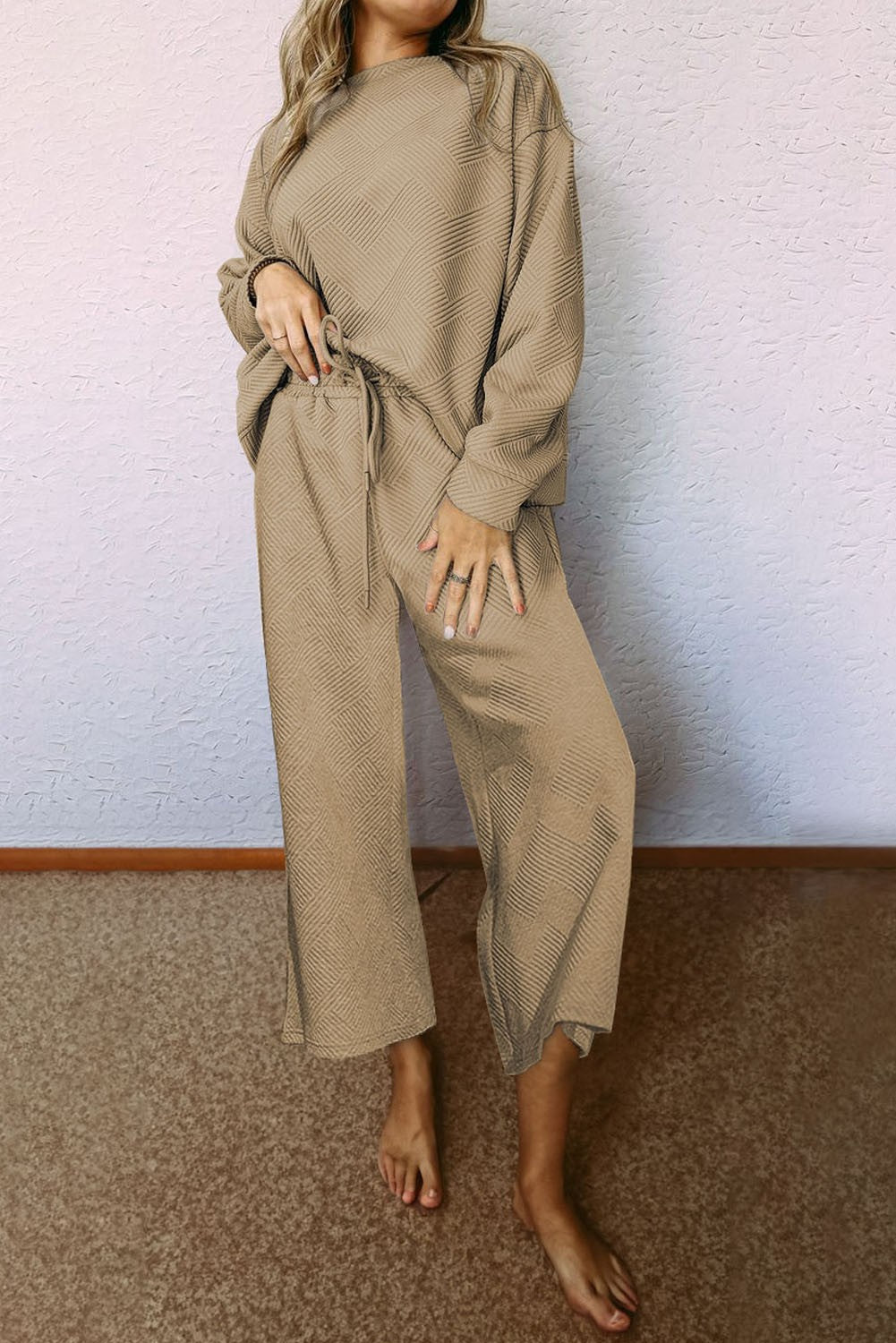 Loose Textured Long Sleeve 2pcs Slouchy Outfit