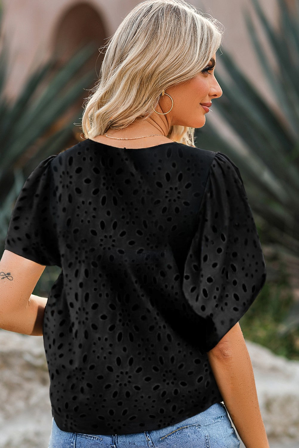 Flower Embroidered Short Puff Sleeve Blouse