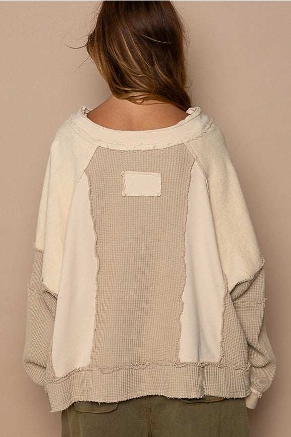 Notched Neck Contrast Fabric Basic Long Sleeve Top