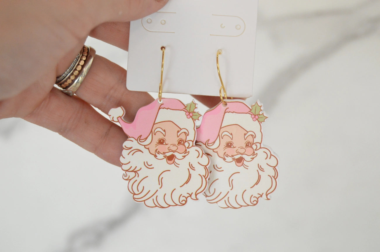 Retro Santa Earrings, Christmas Earrings, Acrylic Earrings