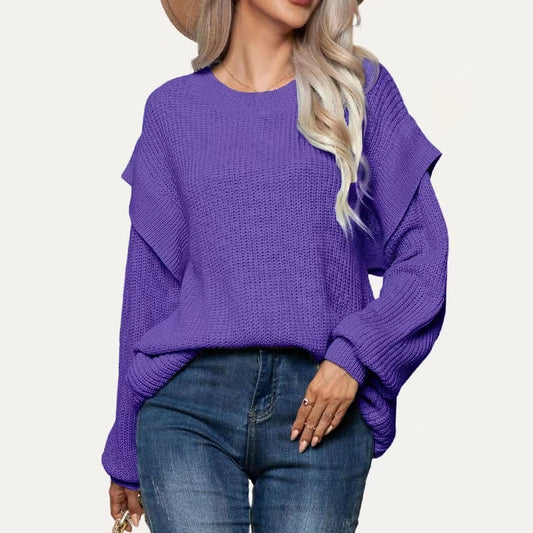 Classic Solid Round Neck Drop Shoulder Long Sleeve Sweater