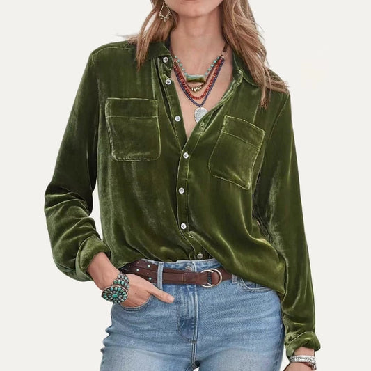 Solid Velvet Collared Button Down Long Sleeve Top