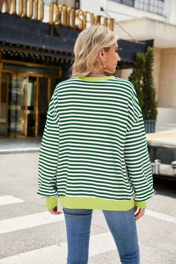 Striped Crew Neck Contrast Color Loose Long Sleeve Sweater