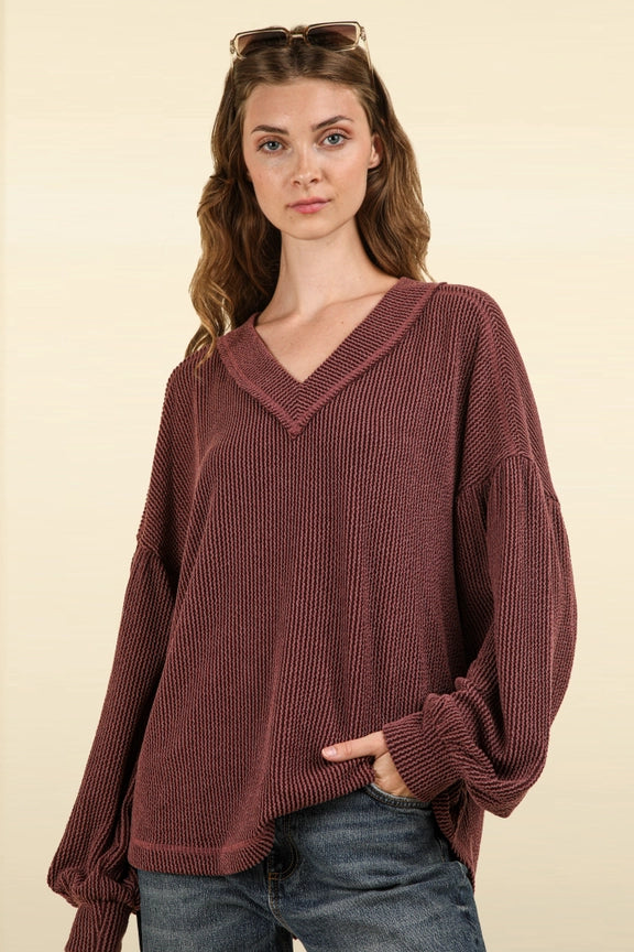 Ribbed V-Neck Oversized Knit Top