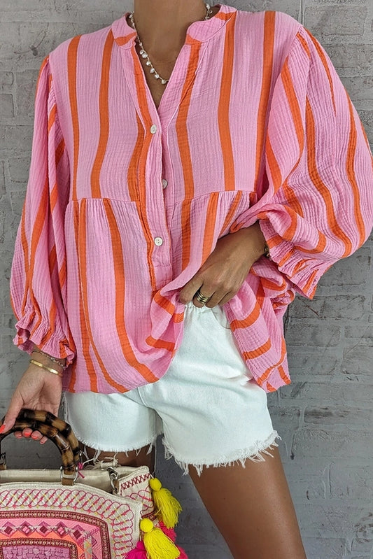 Orange Stripe Crinkled Ruffled Sleeve Button Up Loose Shirt