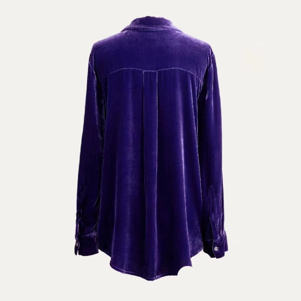 Solid Velvet Collared Button Down Long Sleeve Top