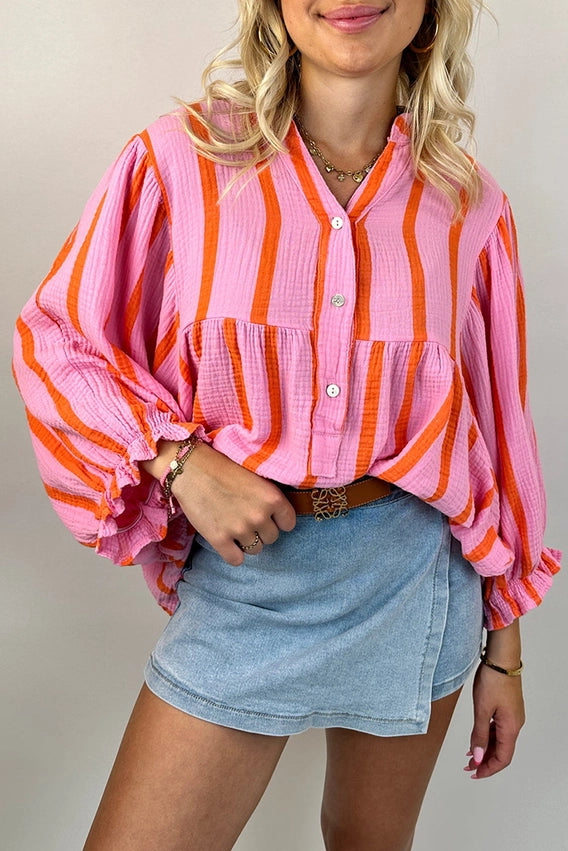 Orange Stripe Crinkled Ruffled Sleeve Button Up Loose Shirt