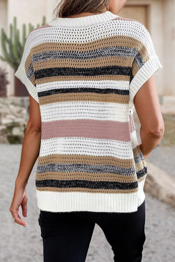 Stripe Colorblock Eyelet Knit Sweater