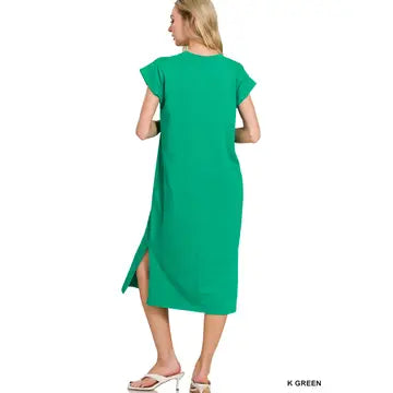 Round Neck Short Sleeve Midi Dress