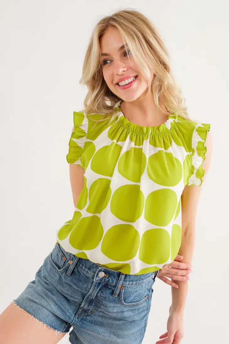 Shirring Mock-Neck Polkadot Top