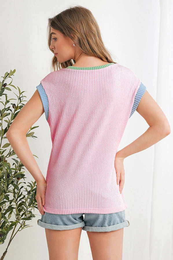 Color Block Corded Knit Crew Neck Tee