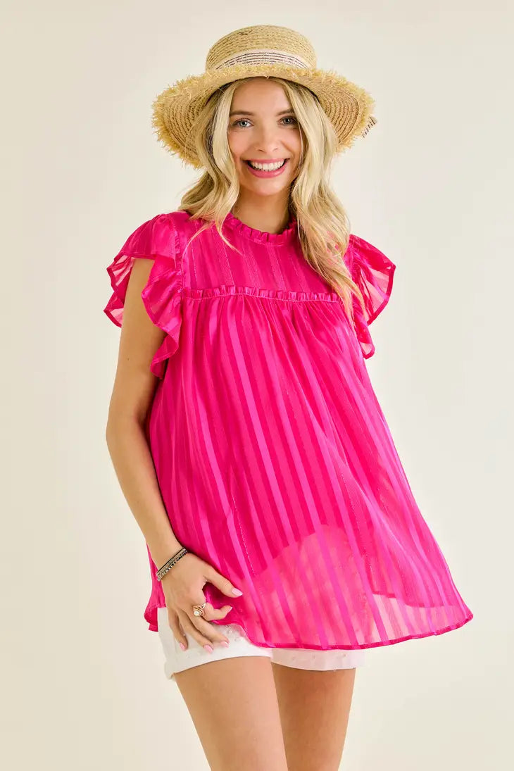 Ruffle Sleeve Stripe Blouse with Lurex