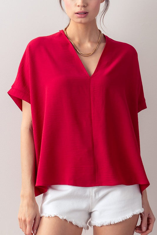 Oversized V Neck folded short sleeve top