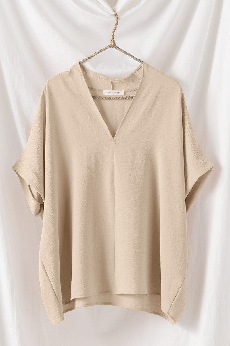 Oversized V Neck folded short sleeve top