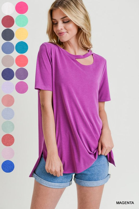 Solid top with short sleeves and neck cut out