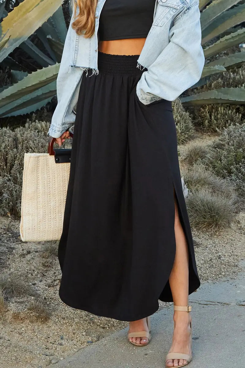 Smocking Waist Maxi Skirt With Side Pocket