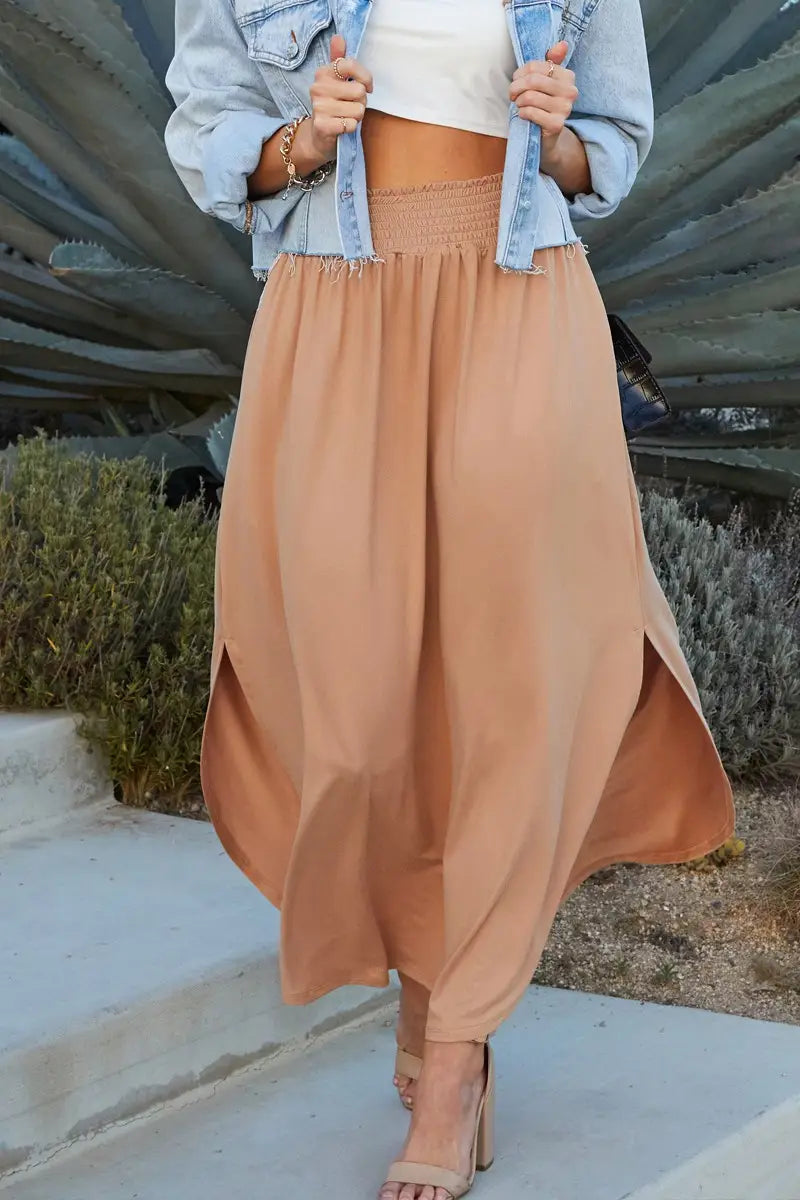 Smocking Waist Maxi Skirt With Side Pocket