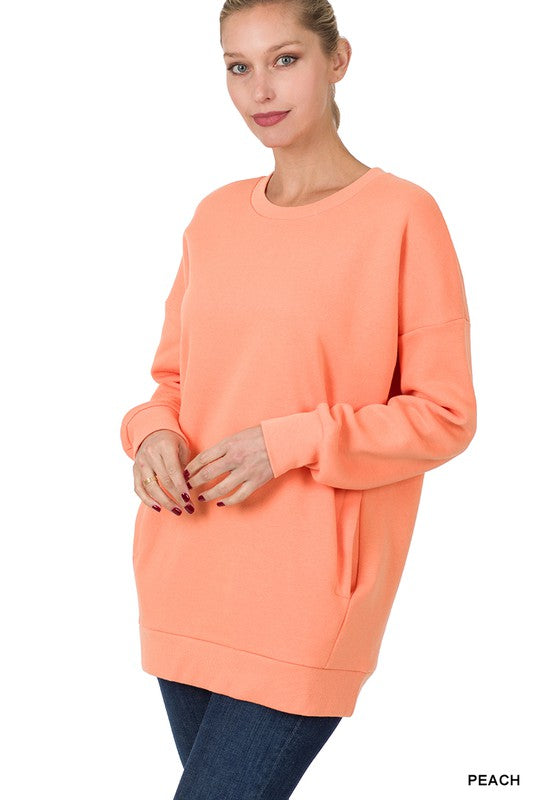 Long Sleeve Round Neck Sweatshirt with Side Pockets