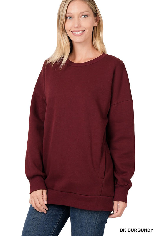 Long Sleeve Round Neck Sweatshirt with Side Pockets