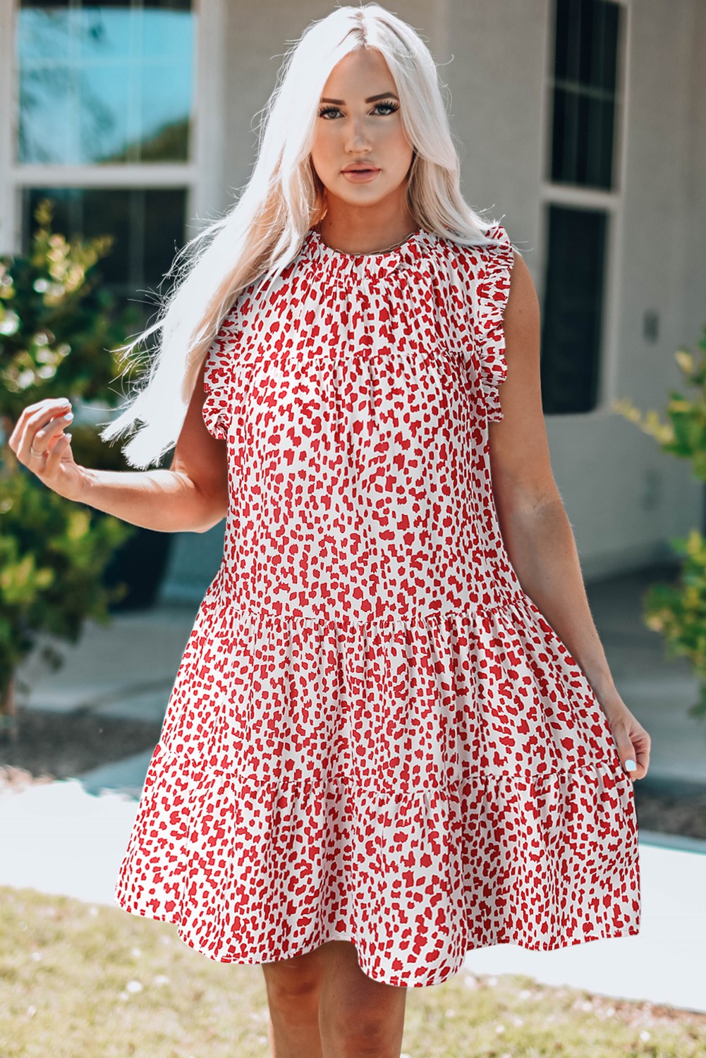 Pink Frilled Neck Leopard Shift Tank Dress