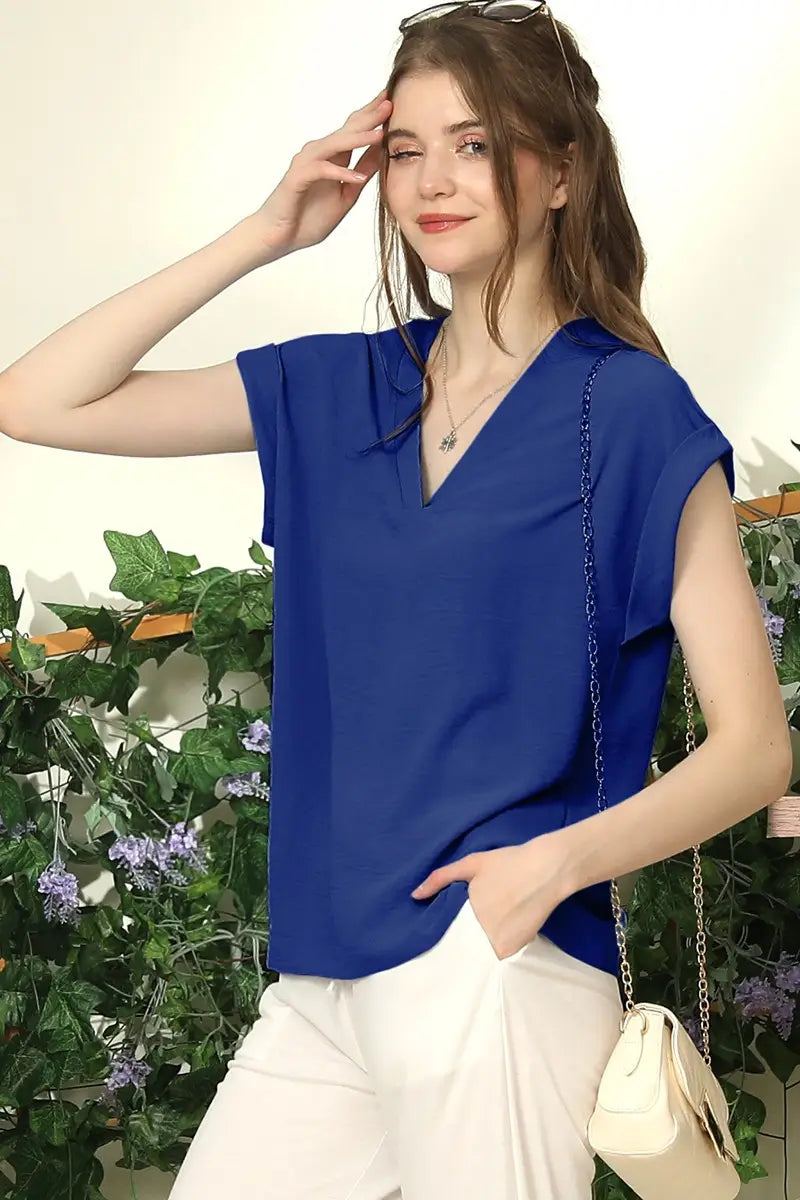 V Neck Trim Rolled Short Sleeve Blouse Top